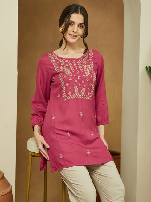 Janasya Women's Magenta Pink Rayon Embroidered Straight Short Kurti